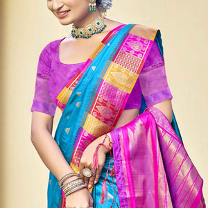 Blue Woven Banarasi Silk Saree With Tassels