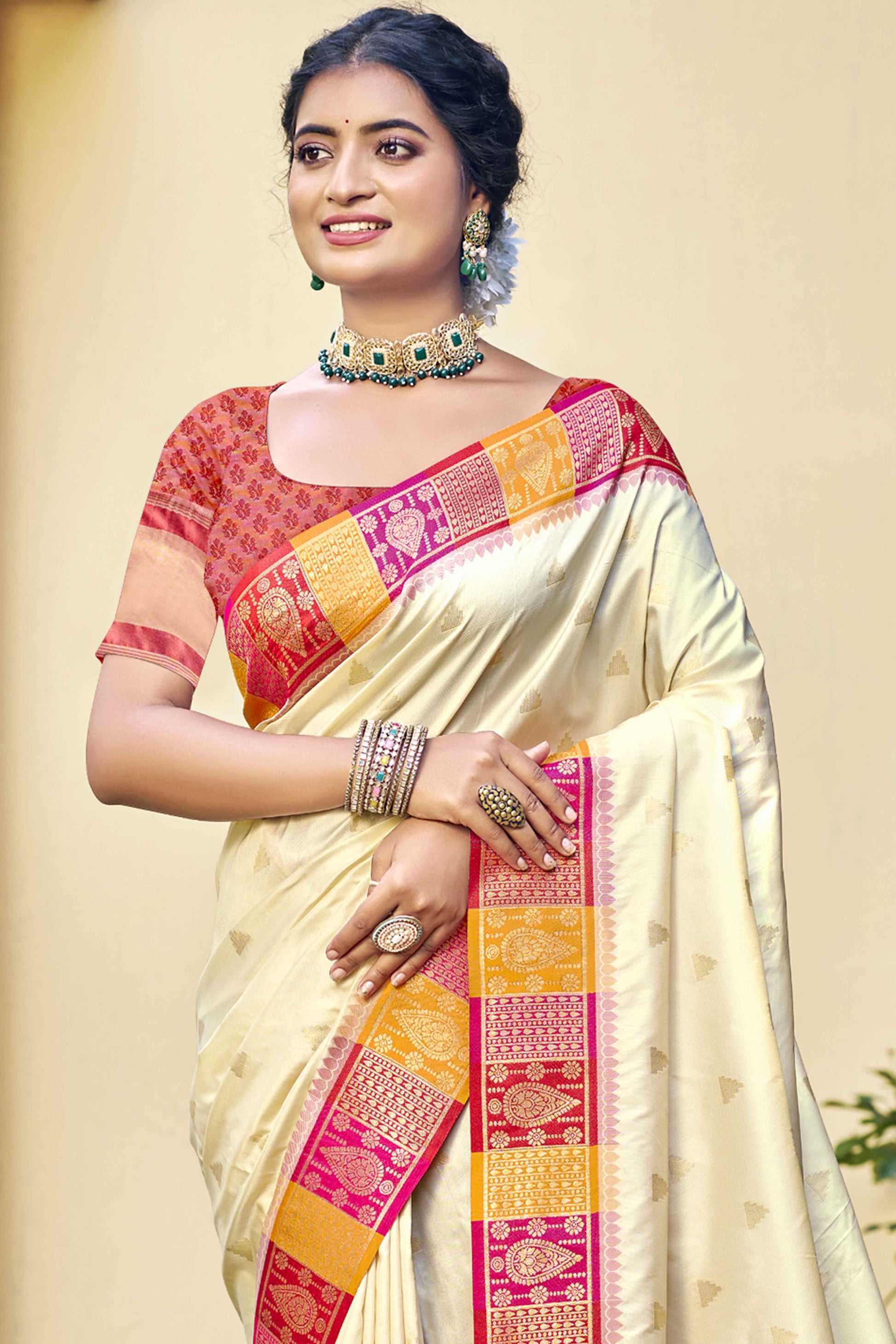 Cream Woven Banarasi Silk Saree With Tassels