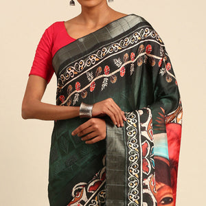 green-digital-printed-cotton-blend-saree-with-woven-border