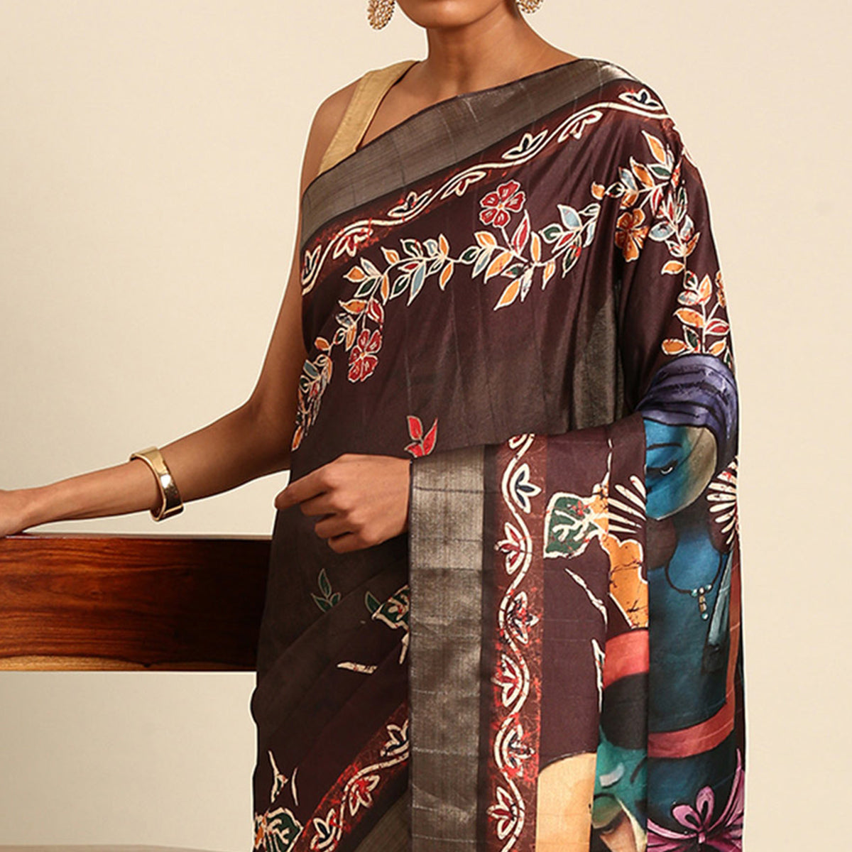 Dark Brown Digital Printed Cotton Blend Saree With Woven Border