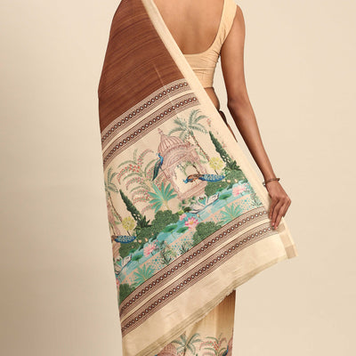 Brown Digital Printed Cotton Silk Saree