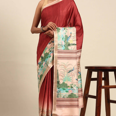 Maroon Digital Printed Cotton Silk Saree