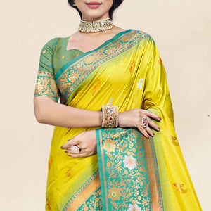 Lemon Yellow Floral Woven Banarasi Silk Saree