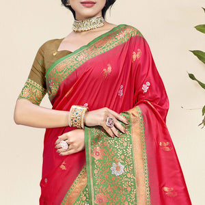 Dark Pink Floral Woven Banarasi Silk Saree