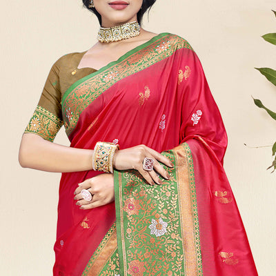 Dark Pink Floral Woven Banarasi Silk Saree