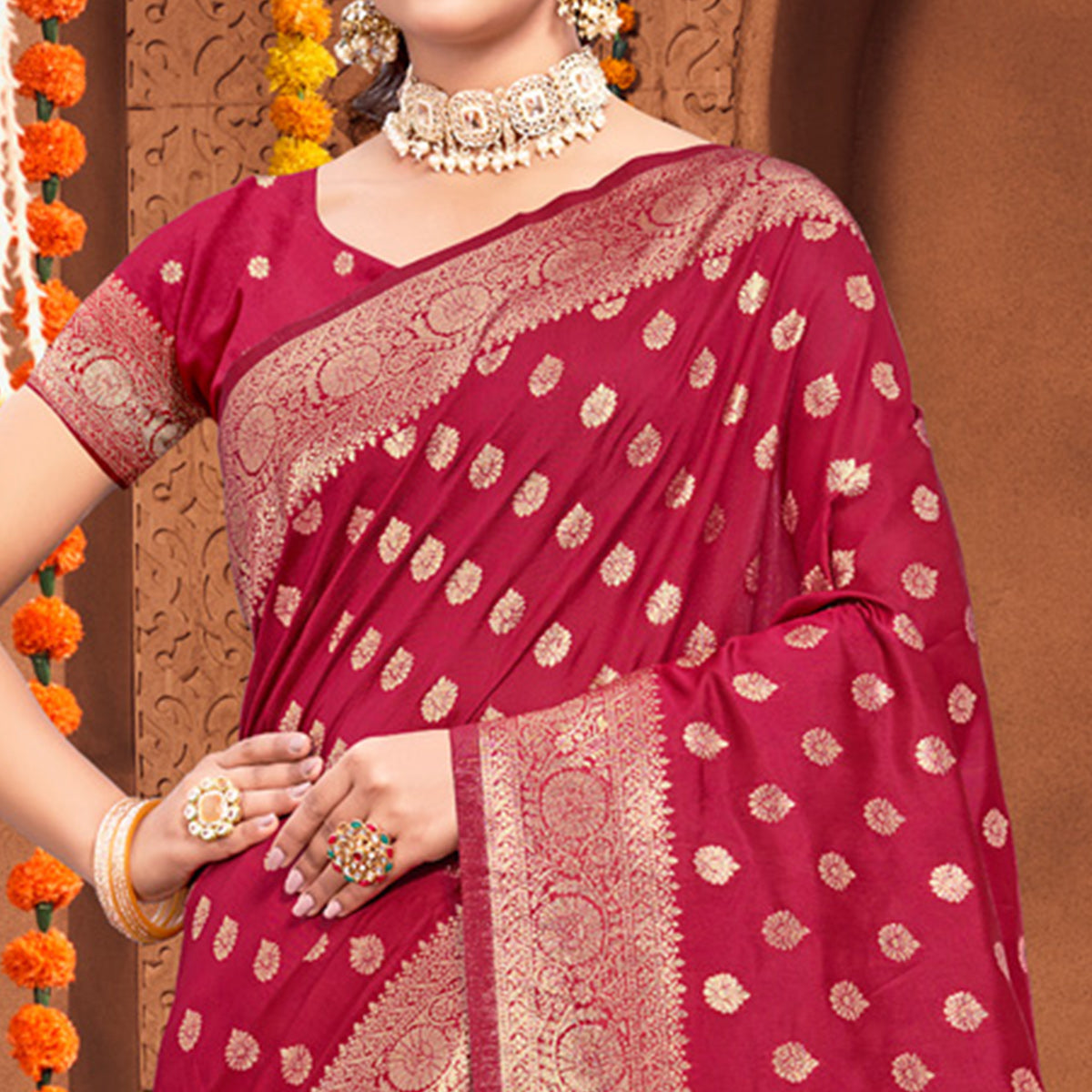 Maroon Floral Woven Banarasi Silk Saree