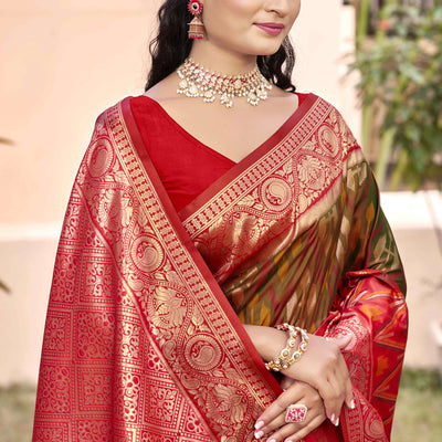 green-red-woven-cotton-silk-saree-with-tassels