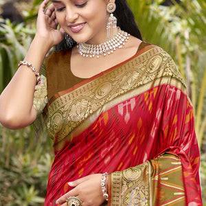 Cherry Red & Green Woven Cotton Silk Saree With Tassels