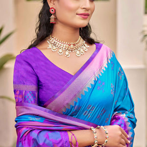 Blue Woven Cotton Silk Saree With Tassels