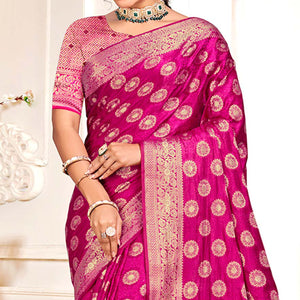 Magenta Floral Woven Cotton Silk Saree With Tassels