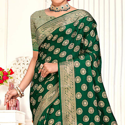 Dark Green Floral Woven Cotton Silk Saree With Tassels