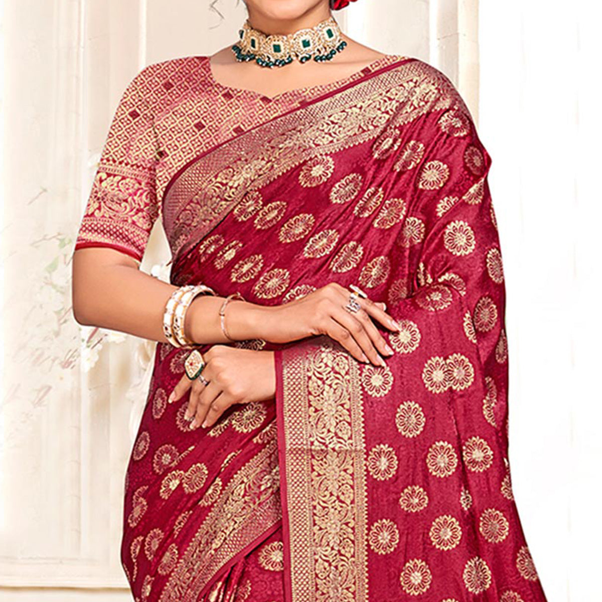 Maroon Floral Woven Cotton Silk Saree With Tassels