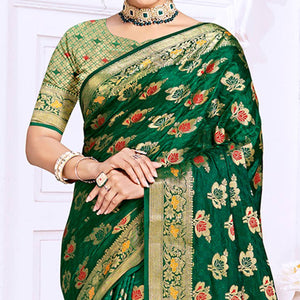 Dark Green Floral Woven Cotton Silk Saree With Tassels