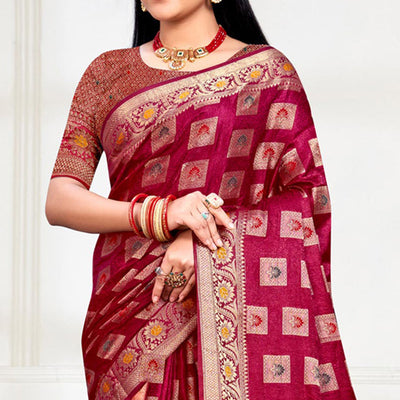 Maroon Floral Woven Cotton Silk Saree With Tassels