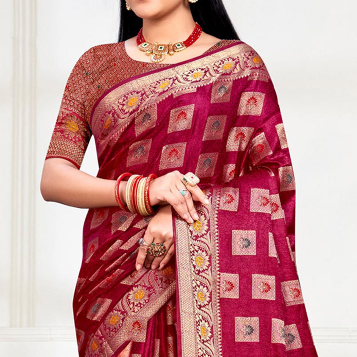 Maroon Floral Woven Cotton Silk Saree With Tassels