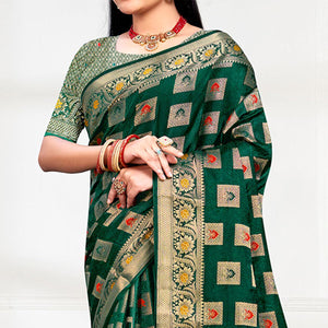 Dark Green Floral Woven Cotton Silk Saree With Tassels