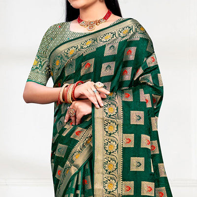 Dark Green Floral Woven Cotton Silk Saree With Tassels