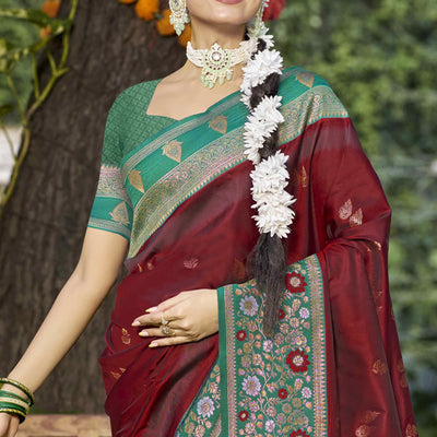 Maroon Floral Woven Banarasi Silk Saree With Tassels