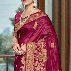 Dark Magenta Floral Woven With Swarovski Work Pure Silk Saree With Tassels