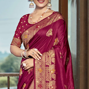 Dark Magenta Floral Woven With Swarovski Work Pure Silk Saree With Tassels