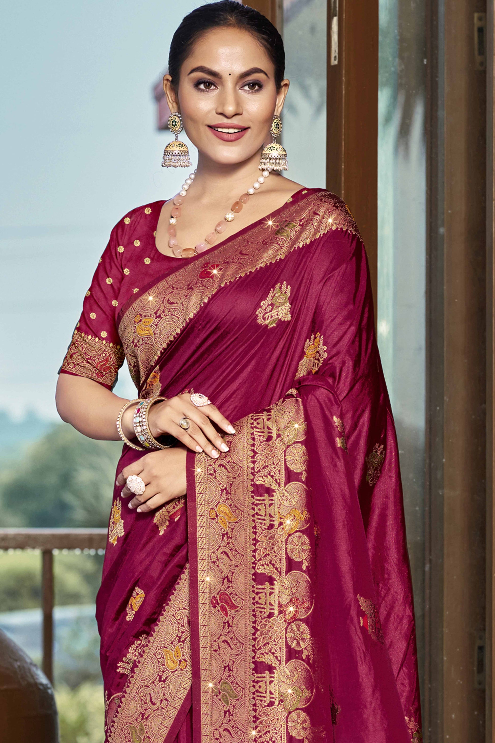 Dark Magenta Floral Woven With Swarovski Work Pure Silk Saree With Tassels