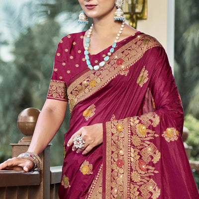 Dark Magenta Floral Woven With Swarovski Work Pure Silk Saree With Tassels