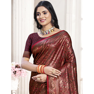 Maroon Woven Banarasi Silk Saree With Tassels