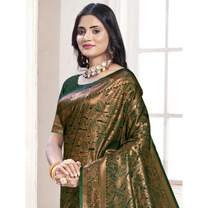 Dark Green Woven Banarasi Silk Saree With Tassels