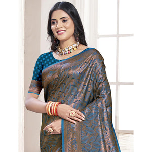 Blue Woven Banarasi Silk Saree With Tassels