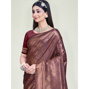 Maroon Floral Woven Banarasi Silk Saree With Tassels