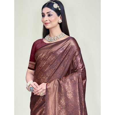 Maroon Floral Woven Banarasi Silk Saree With Tassels