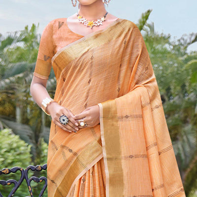 Light Orange Woven Cotton Blend Saree With Tassels