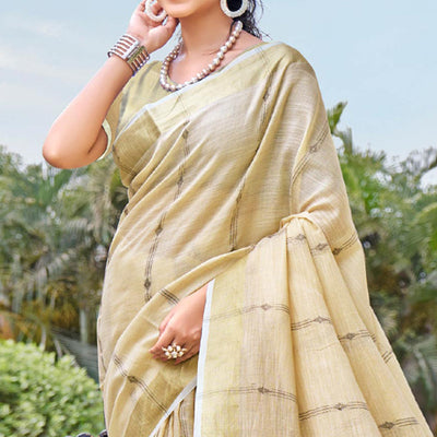 Cream Woven Cotton Blend Saree With Tassels
