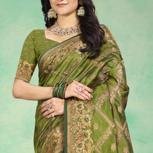 Mehendi Green Floral Woven Cotton Silk Saree