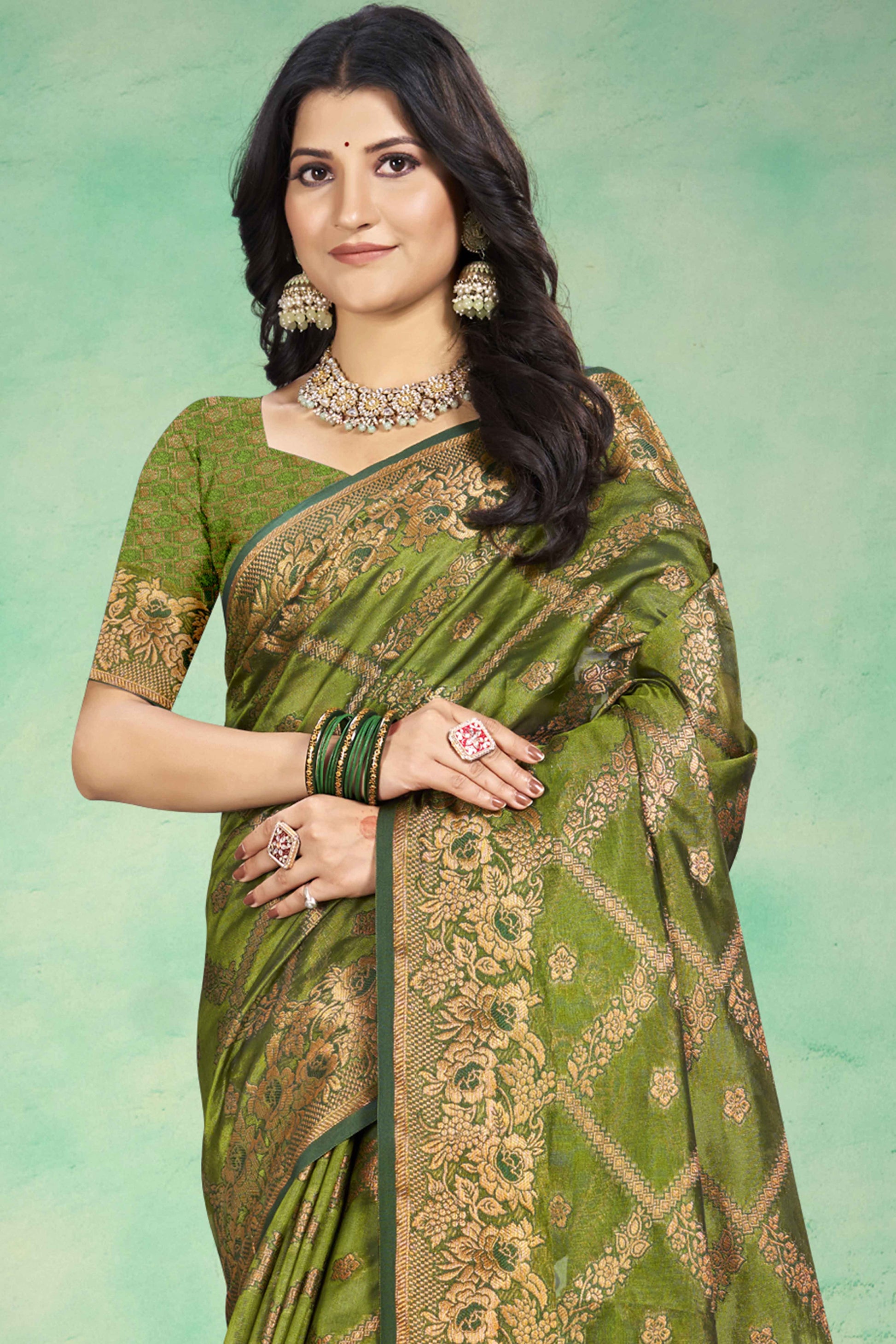 Mehendi Green Floral Woven Cotton Silk Saree
