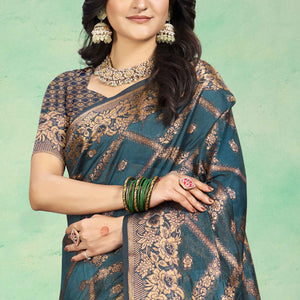 Bluyish Grey Floral Woven Cotton Silk Saree