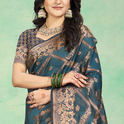 Bluyish Grey Floral Woven Cotton Silk Saree