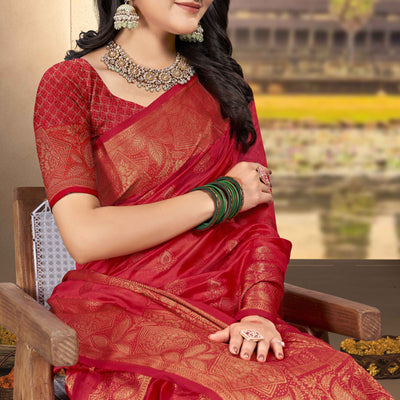 Cherry Red Floral Woven Cotton Silk Saree