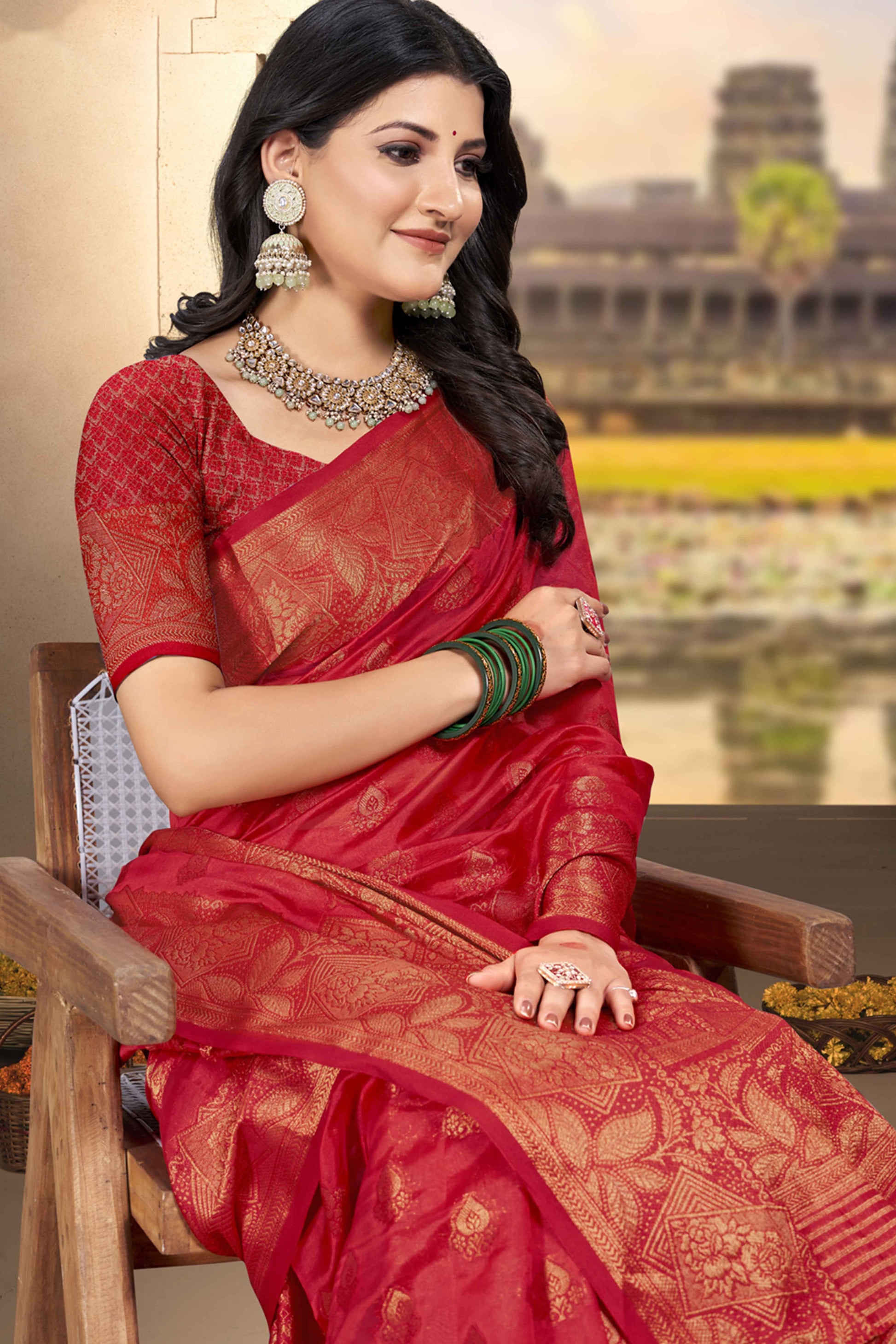 Cherry Red Floral Woven Cotton Silk Saree
