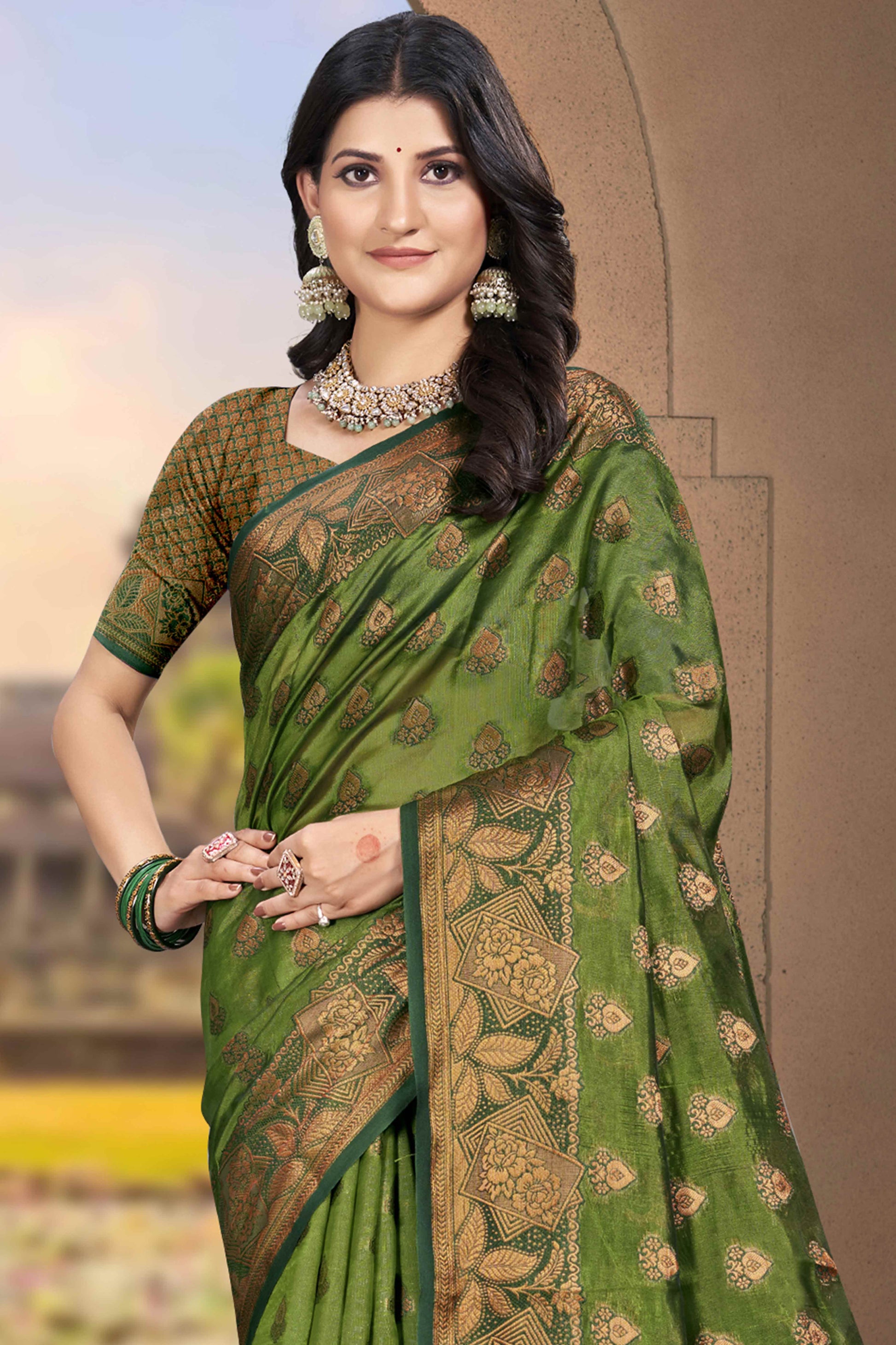 Mehendi Green Floral Woven Cotton Silk Saree