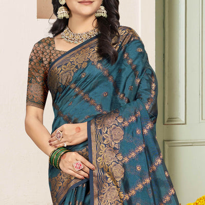 Bluyish Grey Floral Woven Cotton Silk Saree