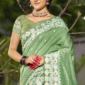 green-woven-linen-cotton-saree-with-tassels