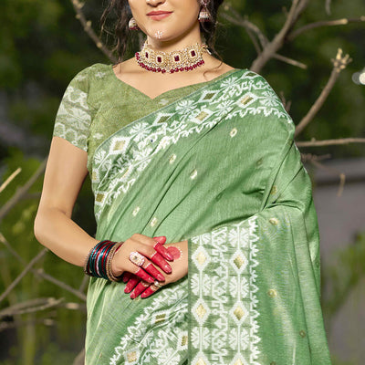 green-woven-linen-cotton-saree-with-tassels