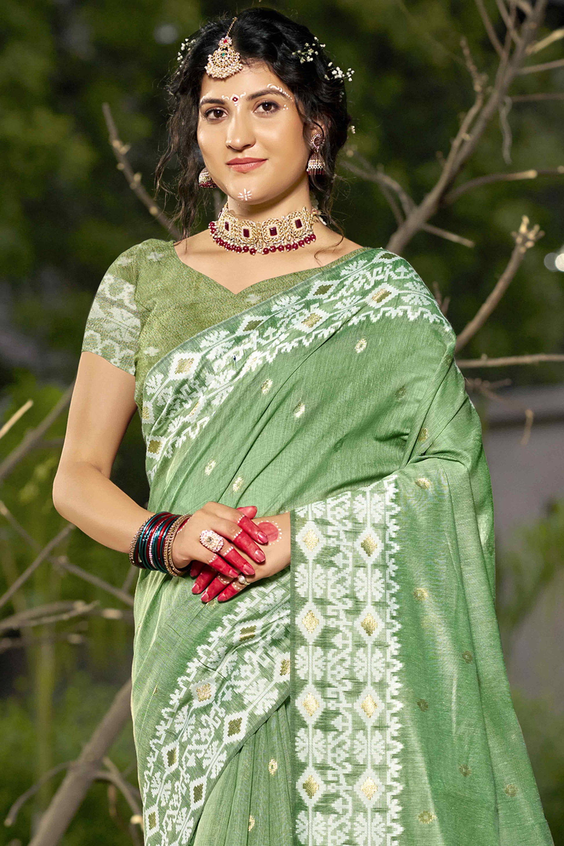 green-woven-linen-cotton-saree-with-tassels