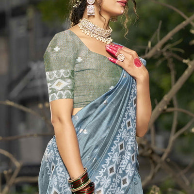 Grey Woven Linen Cotton Saree With Tassels