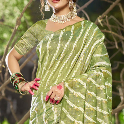 green-printed-with-woven-linen-cotton-saree-with-tassels