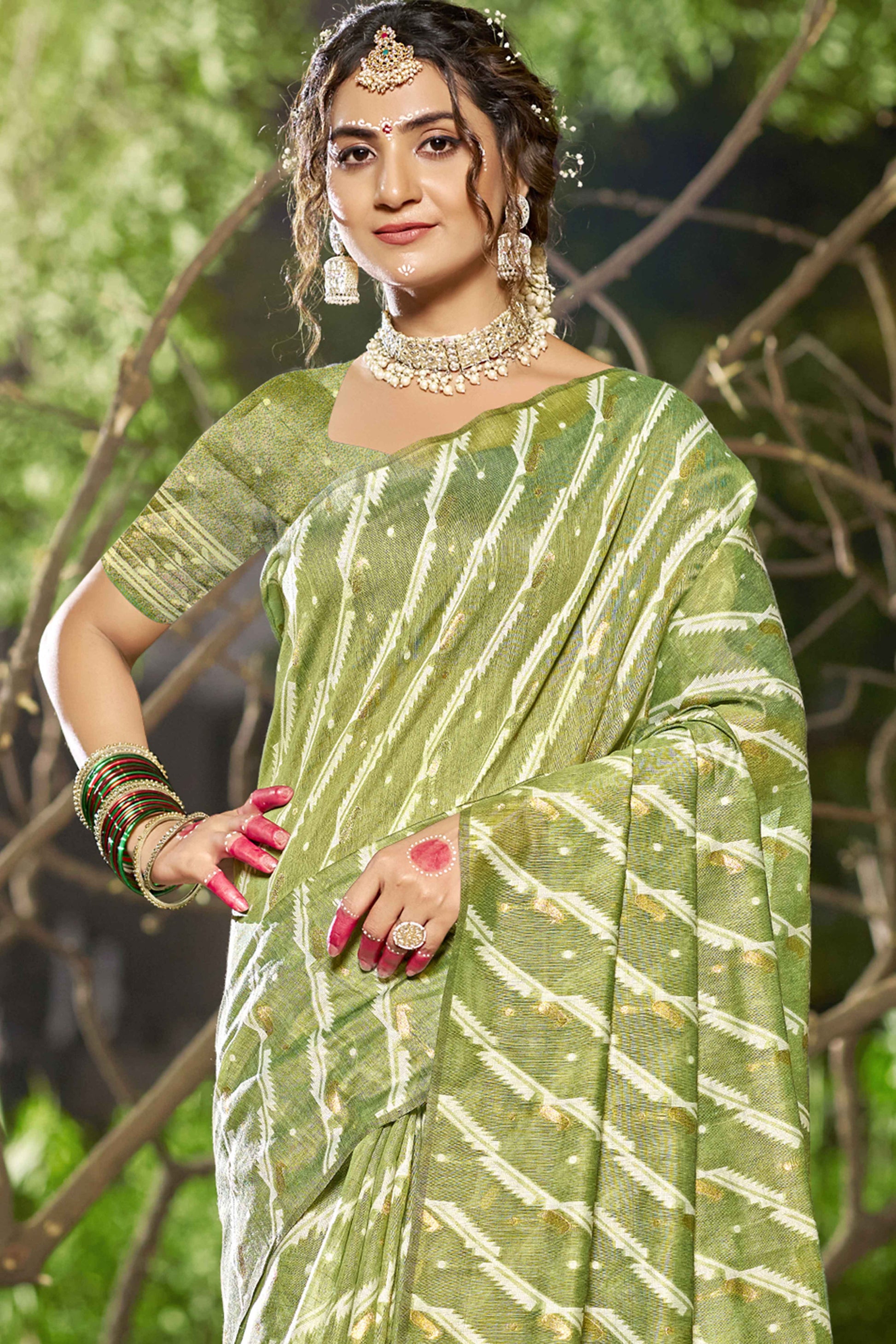 green-printed-with-woven-linen-cotton-saree-with-tassels