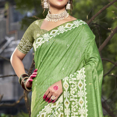 Light Green Woven Linen Cotton Saree With Tassels