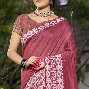 Dark Rose Pink Woven Linen Cotton Saree With Tassels