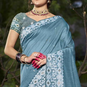 Light Blue Woven Linen Cotton Saree With Tassels